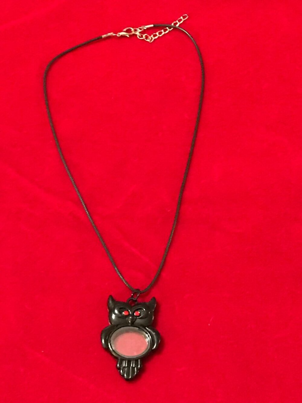 Black Owl with Red Rhinestone Eyes Floating Locket Necklace